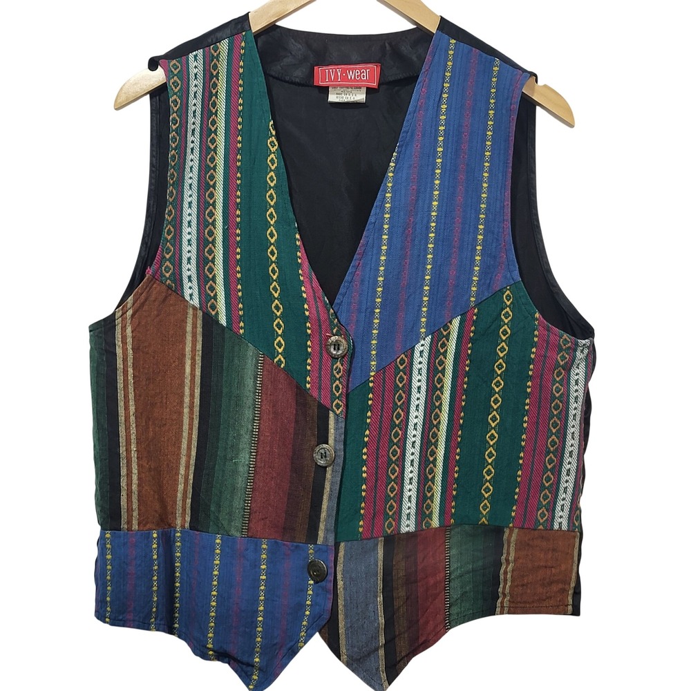 Ivy Wear Vintage Patchwork Vest Mens Large Multicolor Striped Boho Made in USA